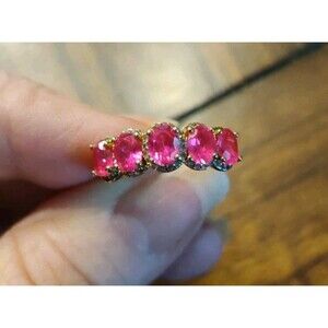 925 Sterling Silver Gold Tone Dark Pink 5-Stone Ring Sz 7, 3g Signed P*M